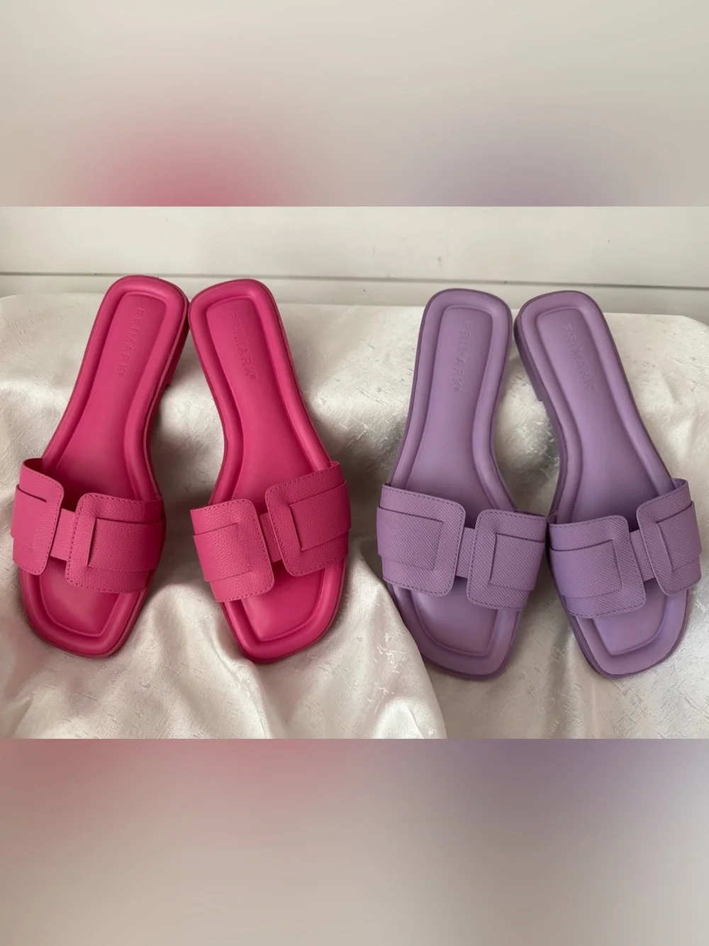 Primark Women's Pink and Lilac Square Toe Slide Sandals